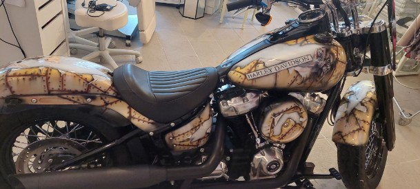 das Airbrush wurde um die Motorradteile in einem Braunton geairbrusht es ist mit schwarz und Nieten geairbrusht