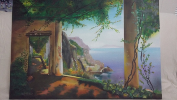 Illusionsmalerei von einer Landschaft aus Italien. Ein prächtiges Farbenspiel ist dieses Bild