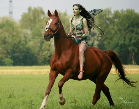 auf einem braunem Pferd reitet eine Frau als Elfe. Sie hat schwarz-grüne Flügel. Das Bodypainting ist in grüne Blätter geairbrusht. Sie trägt weiße Perlenketten um den Hals und Armkettchen in brauntönen