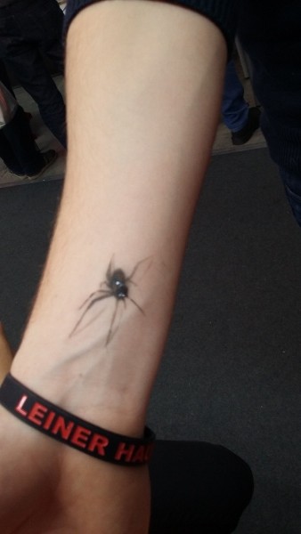 Bodypainting am Unterarm, schwarze Spinne mit Schattierung